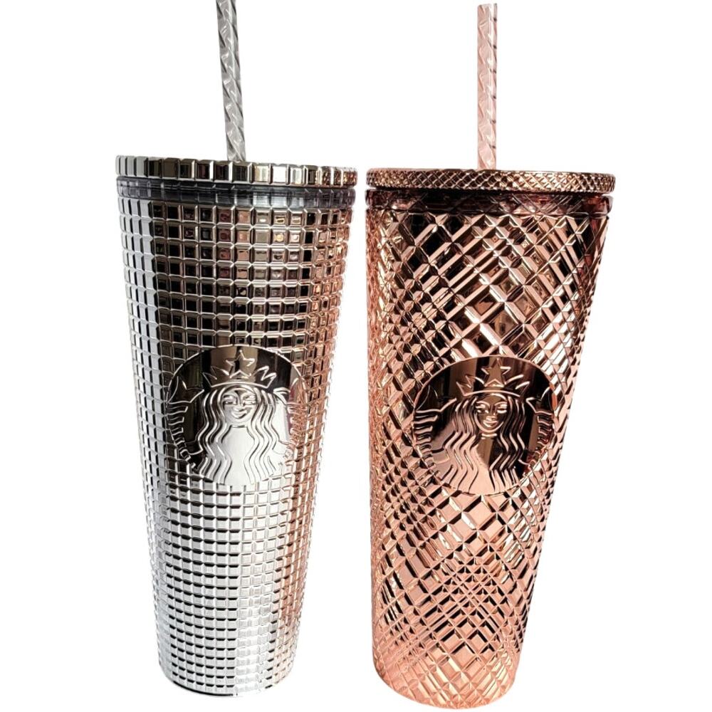 Starbucks Chrome Rose Gold Jeweled Metallic Silver Grid 2023 Holiday 24oz Venti